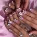 French Tip Press on Nails & Short Fake Toe Nails Set Square Fake Nails with Bow Flower Heart Designs Nude Pink Glue on Nails 3D Butterfly White French Press on Toenails for Women and Girls 48Pcs Design 7