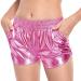 Fenyong Women's Metallic Shorts Shiny Pants with Elastic Waist Hot Rave Dance Pink Large