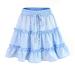 LAEMILIA Womens Elastic Waist Flared Short Skirt Floral Print Pleated Mini Skater Skirt with Drawstring L Light Blue