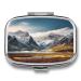 Pill Box Travel Mountain Scenery Print 2 Compartment Medicine Pill Case Pill Organizer Decorative Metal Portable Pill Box for Pocket Or Purse