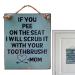 Funny wall signs made of wood - wooden shield for bathroom |Funny art sign English warning slogan: "If you pee on the seat I scrub it with your toothbrush!" Geruwam blue
