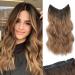 One piece Invisible Wire Hair Extensions Clip in Natural Wavy Synthetic Hair Extension with Transparent Wire Adjustable Size 2 Secure Clips Headband Long Curly Secret Hair Pieces for Women 20inch Ombre Caramelo with Dark Root