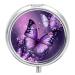 Round Pill Box Beautiful Purple Butterfly Art Print 3 Compartment Medicine Pill Case Print Pill Organizer Decorative Metal Portable Pill Box Pocket Pill Box