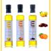 Flavored extra virgin olive oil, 3 glass bottles of 250 ml with olive oil flavored with 3 natural essences (chocolate - orange - lemon)