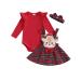 ZZLBUF Toddler Baby Girl Outfits Ribbed Ruffle Long Sleeve T-shirt/Romper Top Suspender Skirt with Headband Kids 3Pcs Clothes Set 12-18 Months Romper Elk Red Plaid