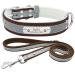 Senristar personalized reflective dog collar and leash set custom engraved warm food dog tape with name tag for small medium large dogs & cats XL (width 3.0 cm neck circumference 45-55 cm) brown set