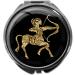 metALUm pill box with mirror round metal 3 compartments ZODIAC SIGN SAGITTARIUS IN GOLD #1217