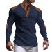 Long-sleeved men's V-neck single-color waffle henley shirt long arm polo shirt with button strip regular fit leisure shirt running shirt sport shirt men cowboy shirt dad tops xl marine