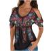Womens Summer Tops Cold Shoulder Western Shirts Ethnic Style Graphic Tee Aztec Dressy Casual Short Sleeve Blouses H-black X-Large