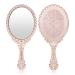 Handheld Mirror with Handle, Yusong Makeup Compact Hand Mirror for Women Travel Small Vintage Purse Mirrors with Handle, Hand Held Packet Mini Mirror for Girls Decorative Embossed Flower (Rose Gold)