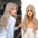 Fine long corrugated wig with pony Ashblonde Long curly wigs with pony curls hair gigs party cosplay wigs platinum blonde long bangs gigs naturally synthetic wigs for women 65 cm ashblonde-65 cm