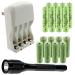 18pc Rechargeable Battery Kit Includes 8X AA 8X AAA Size Batteries 1 4-Slot Charger and 1 140 Lumen Multi Function Flashlight