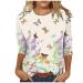 Summer 3/4 Sleeve Shirts for Womens Loose Round Neck Pullover Painting Pattern Trendy Tops Casual Comfy Tees Shirt Medium 04-purple
