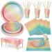 Nkaiso 126 Piece Party Tableware Rainbow Colors Theme Kids Birthday Decoration Party Accessories Set Birthday Paper Cups Paper Plates Napkins for Wedding Shower Engagement Wedding-25 Guests