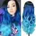 HANNE Long Hair Body Wave Ombre Bluish Teal Blue Wigs For Black and White Women 3 Tone Colors Middle Part Heat Resistant Navy Blue Wig Synthetic Hair Wigs (Ombre Blue) 0 Ombre Blue