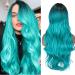 FAVE Ombre Bluish Green Wig Long Wavy Side Part Wig Heat Resistant Synthetic Hair Teal Blue Wig Mermaid Wigs for Women (Ombre Bluish Green) 1-Ombre to Bluish Green