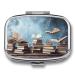 Pill Box Books in The Sky Print 2 Compartment Medicine Pill Case Pill Organizer Decorative Metal Portable Pill Box for Pocket Or Purse Style
