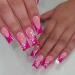 MISUD Press on Nails Long Square Fake Nails Glossy Glue on Nails Hot Pink French Tip Acrylic Nails Squoval Artificial Nails Summer Flower Stick on False Nails with Design 24 pcs 04820Hot Pink