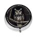 Late Night Owl Portable Metal Pill Box Round Mini 3-Compartment Plastic Insert hinged Fastening Design Suitable for Small Pills Must-Have for Travel