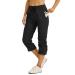 Willit Women's Woven Capris Hiking Travel Pants Striped Workout Drawstring Pants with Pockets Lightweight Quick Dry Black XX-Large