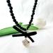 Oralgos Korean Fashion Loop Heart Pendant Pearl Necklace - Gothic Adjustable Collarbone Chain for Women - Aesthetic Jewelry in Resin Alloy - Buy Online on GoSupps.com