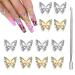 Silver Butterfly Nail Charms+Dual Head Nail Cuticle Pusher 3D Nail Charms Butterflies Shape Nail Gems Butterfly Decorations Alloy Butterfly Nail Art Charms Supplies DIY Manicure Design