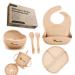 Baby Feeding Set Weaning Set Eco Friendly BPA Free 7pcs Silicone Suction Bowl Plate and Cup Adjustable bib 2X Cup lids Spoon and Fork with Wooden Handle. Toddler Gift Set. (Beige)