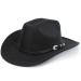 Classic Western Felt Cowboy Cowgirl Hat for Women Men Big Wide Brim Belt Buckle Panama Fedora (Size:7 1/8) Black(no Chin Strap)