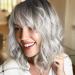 Yamel Wavy Bob Wig with Bangs Natural Ombre Silver Wig Synthetic Hair Shoulder Length Short Curly Wigs for Women Wavy S1# Ombre Silver