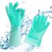 KEMOO Silicone Diswashing Gloves Reusable Silicone Brush Gloves Heat Resistant Silicone Diswashing Gloves with Magic Wash Scrubber for Kitchen Bathroom Pet Hair Care (Green)