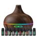 Ultimate Aromatherapy Diffuser & Essential Oil Set - Ultrasonic Diffuser & Top 10 Essential Oils - 300ml Diffuser with 4 Timer & 7 Ambient Light Settings - Therapeutic Grade Essential Oils - Dark Oak…
