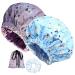 2Pcs Satin Lined Shower Cap  Waterproof Shower Cap for Women  Extra Large  Reusable Shower Cap  Adjustable &Double Layers &Reversible Shower Cap (Blue+Purple flower)