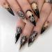 Stiletto Press on Nails Goth Fake Nails Horror Skull & Black Rose False Nails with Rhinestone Full Cover Acrylic Nails Stick on Nails Glue on Nails for Women Girls Halloween Manicure 24Pcs HA013