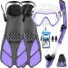 Happyouth 6 in 1 Mask Fin Snorkel Set with Adult Snorkeling Gear, Panoramic View Diving Mask, Trek Fin, Dry Top Snorkel, Travel Bags, Snorkeling Set for Lap Swimming Diving Training Purple S/M(Adult US Size 4.5-8.5)