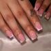 Press on Nails Short Square Fake Nails Pink French Tips Acrylic False Nails Full Cover Glossy Gel Glue on Nails Squoval Rhinestone Flower Artificial Nail Art Manicure Decoration 24Pcs B-20Pink Flower