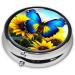 Sunflower Blue Butterfly Portable Metal Pill Box | Round Mini 3-Compartment | Ideal for Small Pills | Travel Essential - Buy Online on GoSupps.com