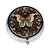 Butterflies and Flowers Portable Metal Pill Box Round Mini 3-Compartment Plastic Insert hinged Fastening Design Suitable for Small Pills Must-Have for Travel