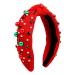 Christmas Headband Pearl Knotted Hair Band with Rhinestone Wide Top Knot Fashion Headband for Women Girls Christmas Hair Accessories (Red)