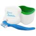 Denture Bath & Brush Storage Container for Soaking Dentures Brush with Double Bristle Head (Green Bath Blue Brush)