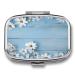 Pill Box White Flowers Light Blue Wood Print 2 Compartment Medicine Pill Case Pill Organizer Decorative Metal Portable Pill Box for Pocket Or Purse Style