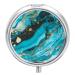 Round Pill Box Turquoise Blue Gold Marble Print 3 Compartment Medicine Pill Case Print Pill Organizer Decorative Metal Portable Pill Box Pocket Pill Box