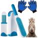 Improved lint brush set lint brush with a cleaning station (2 pieces)+ 1 pair of pets gloves with cleaning and massage function animal hair remover for sofa autopolsters and textiles blue