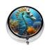 Blue Seahorseround Pill Box 3 Compartment Round Pill Box Organizer Portable Travel Pill Box for Traveling.