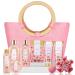 Spa Luxetique Rose Spa Gift Baskets for Women 10pc Bath Gift Set- Pink Tote Bag with Wooden Handles Shower Gel Bubble Bath Bath Bombs Christmas & Birthday Gift Idea