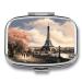 Pill Box Vintage Style Eiffel Tower Paris Print 2 Compartment Medicine Pill Case Pill Organizer Decorative Metal Portable Pill Box for Pocket Or Purse