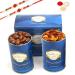 Ghasitaram Gifts Rakhi Gifts for Brothers Chocolate Almonds and Mix Dryfruits Cans with 2 Rudraksh Rakhis Chocolate Chocolate Almonds and Mix Dryfruits Cans 2 Rakhis