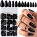 360pcs Almond Press on Nails Medium Length Fake Nails Glossy Black False Nails Acrylic Nails Press Ons with 10 Sheets Adhesive Tabs for Women Girls Fingernails Design