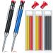 Yzzaoo deep hole marker pencil set 2 pieces of carpenter pencils with 18 deep hole marker mines carpenter pencil for borehole markers on wood metal concrete tiles (black + blue)