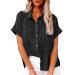 Women V Neck Roll Up Sleeve Button Down Blouse Top Solid Formal Work Dress Tunic Blouse Tops Shirts 339-vvmdx-black-a S