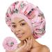 Luvruitaky Silk Bonnet for Sleeping Double Layer Satin Bonnets for Black Women Men Adjustable Wide Band and Extra Large Bonnets for Curly Braid Hair (X-Large  Pink Flower) X-Large Pink Flower